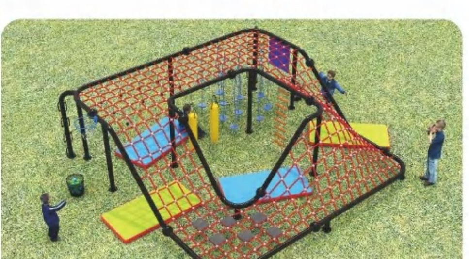 Rope climbing course with red net structures