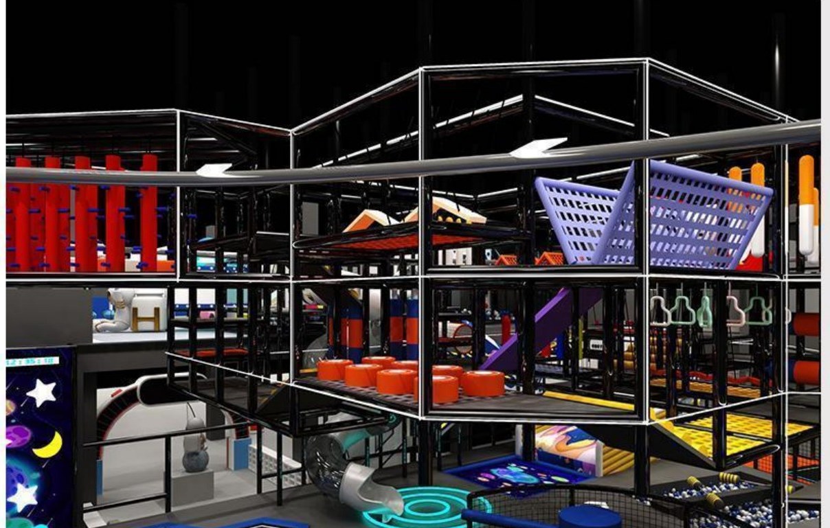 Multi-level combination play structure with slides and climbing decks