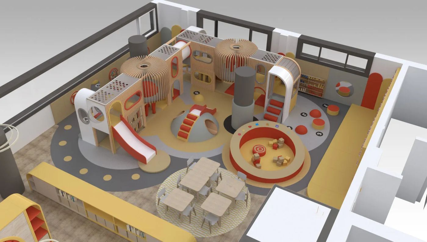 Custom indoor playground layout in purple and cream