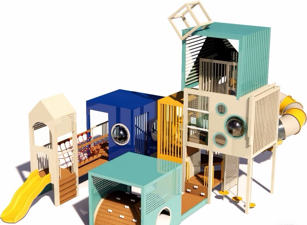 Modular combination play system with towers, platforms, slides and climbing panels
