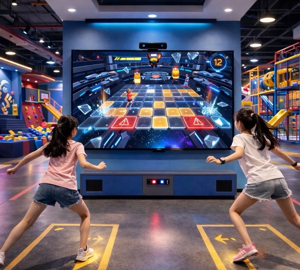 Interactive AR rhythm game room with light-up play panels