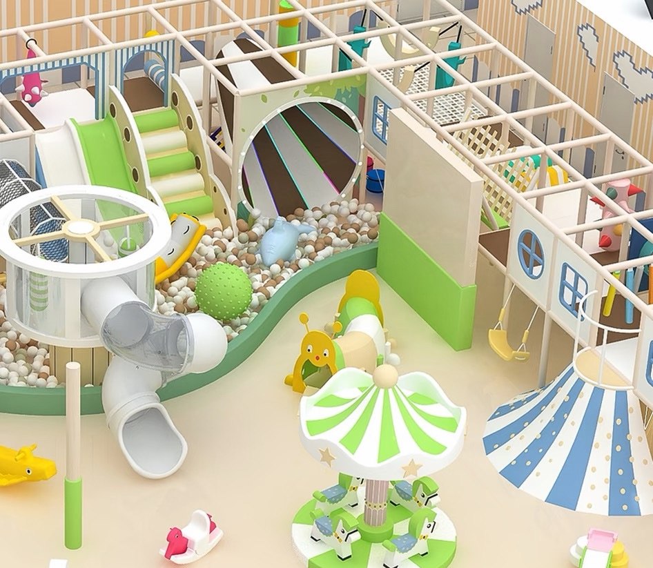 Toddler soft play zone with ball pit, mini slide and merry-go-round