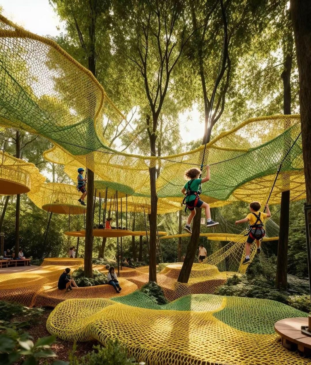 Children climbing through layered yellow and green nets strung between forest trees