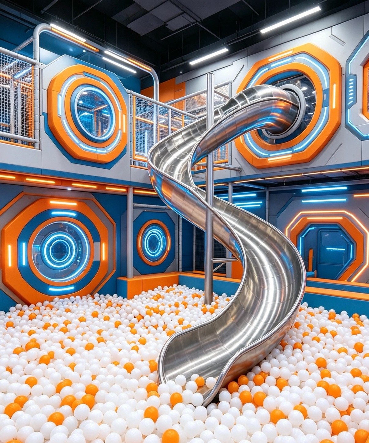 Stainless steel spiral slide landing in a ball pit