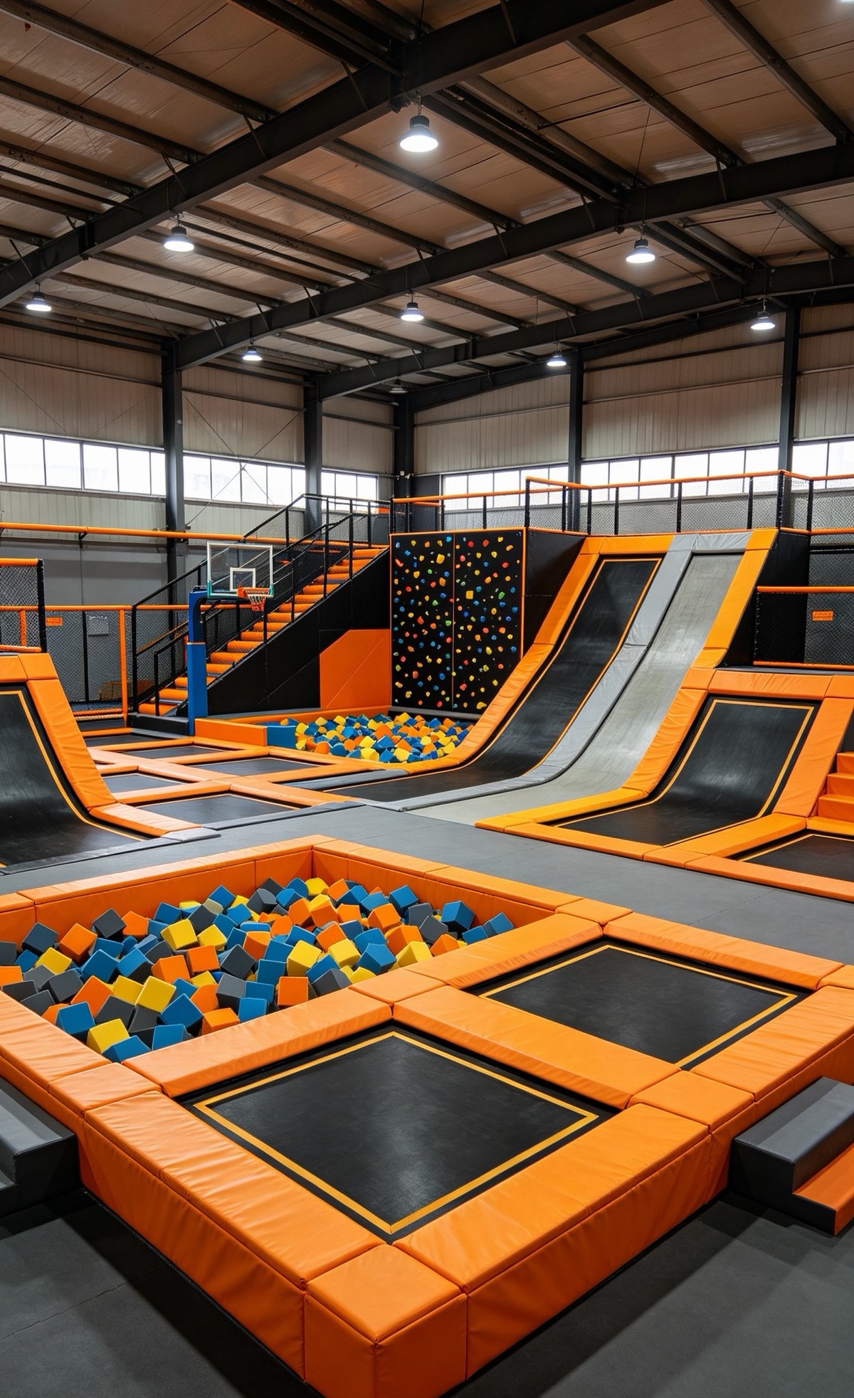 Trampoline park with foam pits, slides and a climbing wall