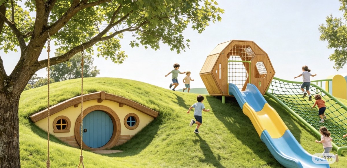 Grass-roof burrow playhouse with hill slide and timber climber