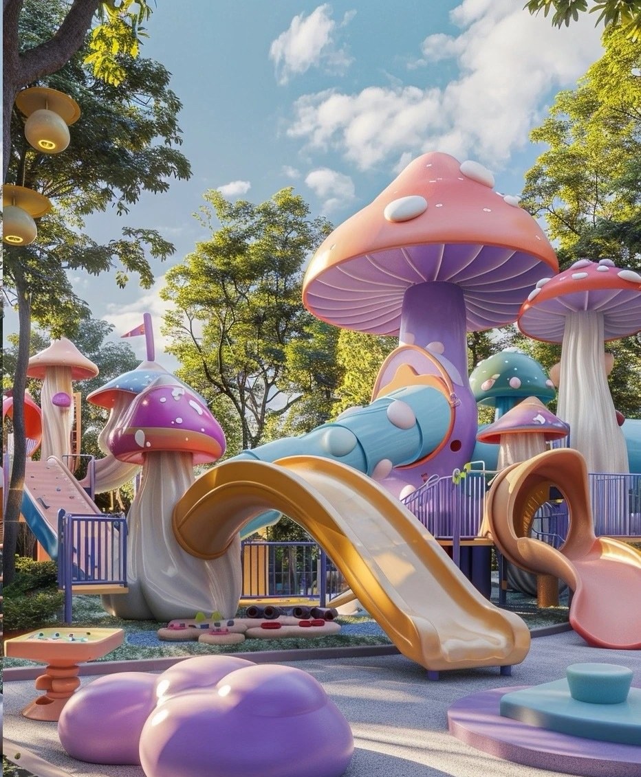 Pastel mushroom towers with slides in a park