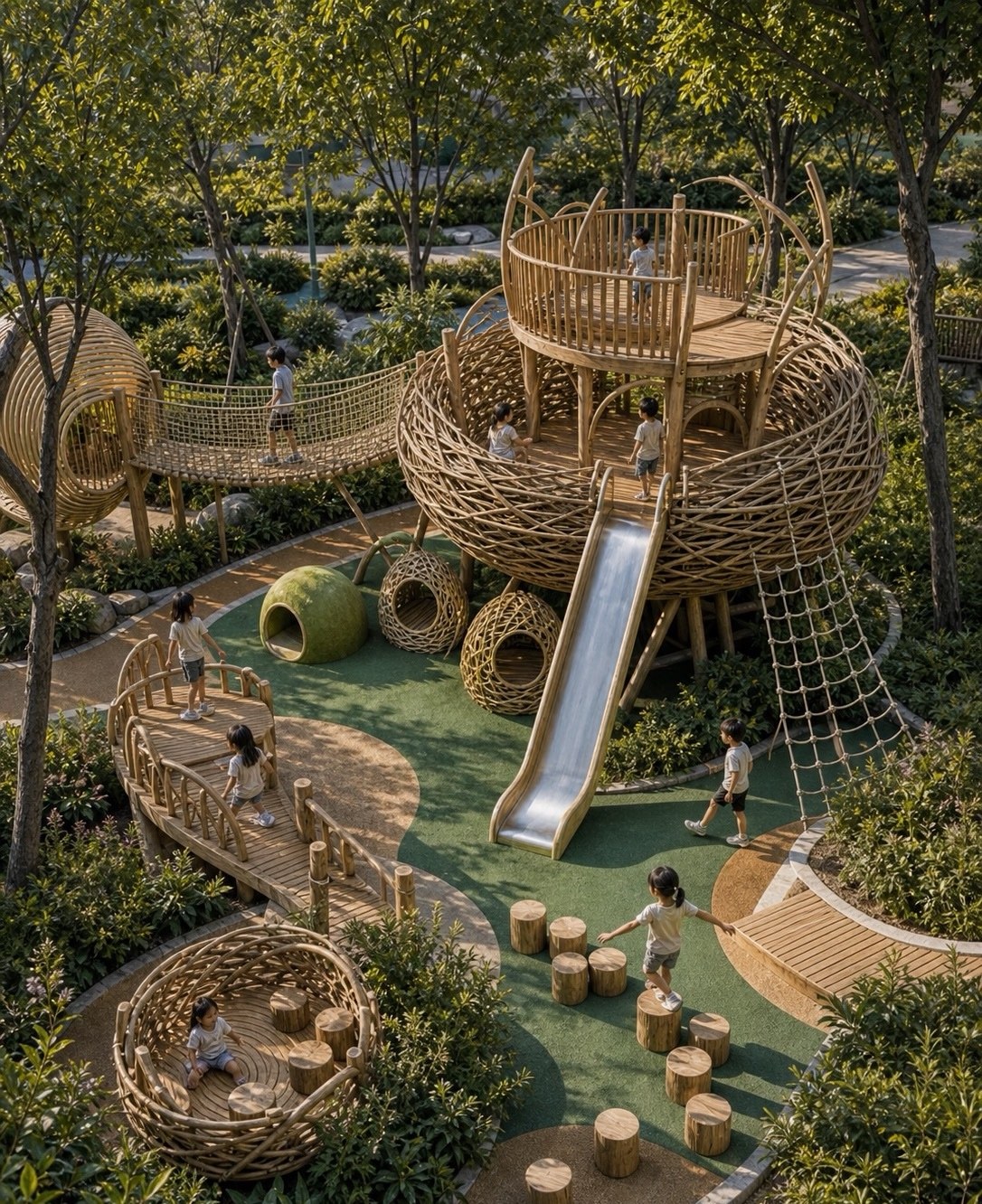 Woven birds-nest play tower with rope bridge and slide