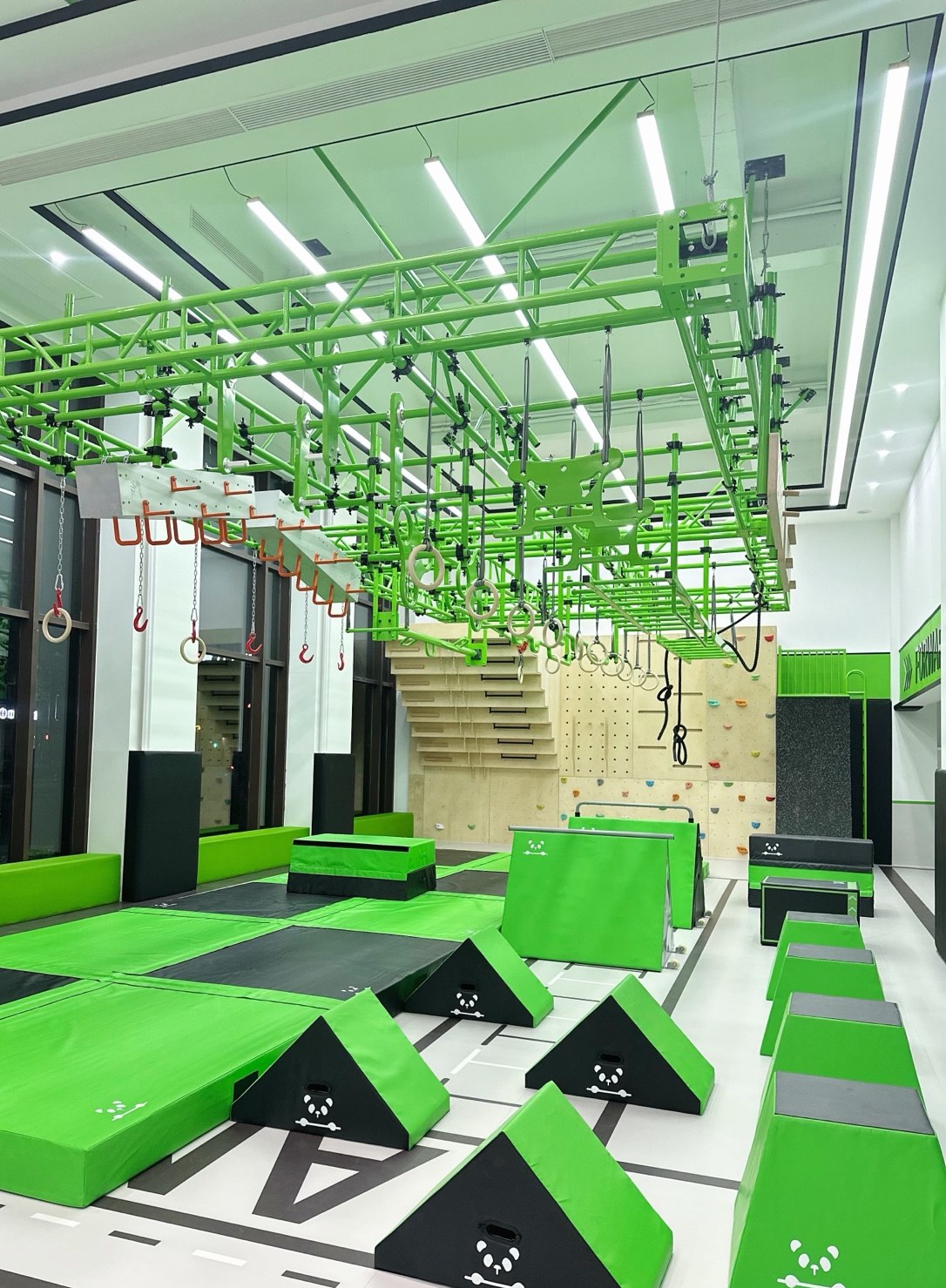 Indoor ninja warrior rig with hanging obstacles and green mats