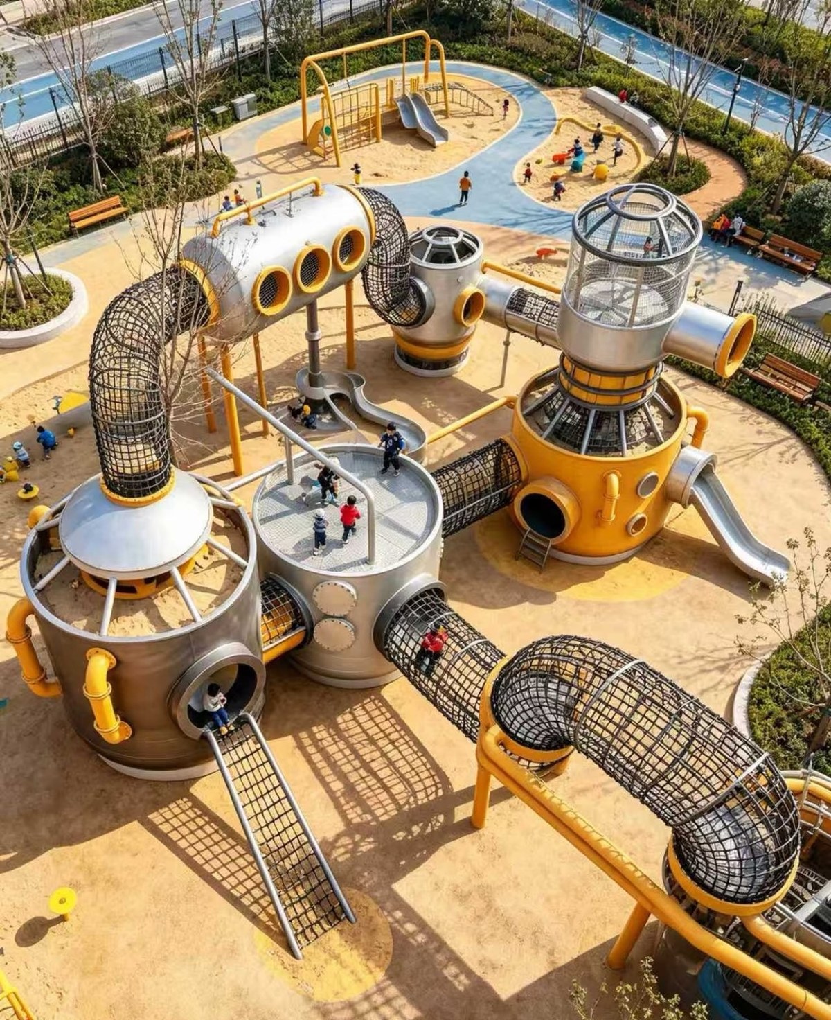 Aerial view of an industrial pipe and tank playground