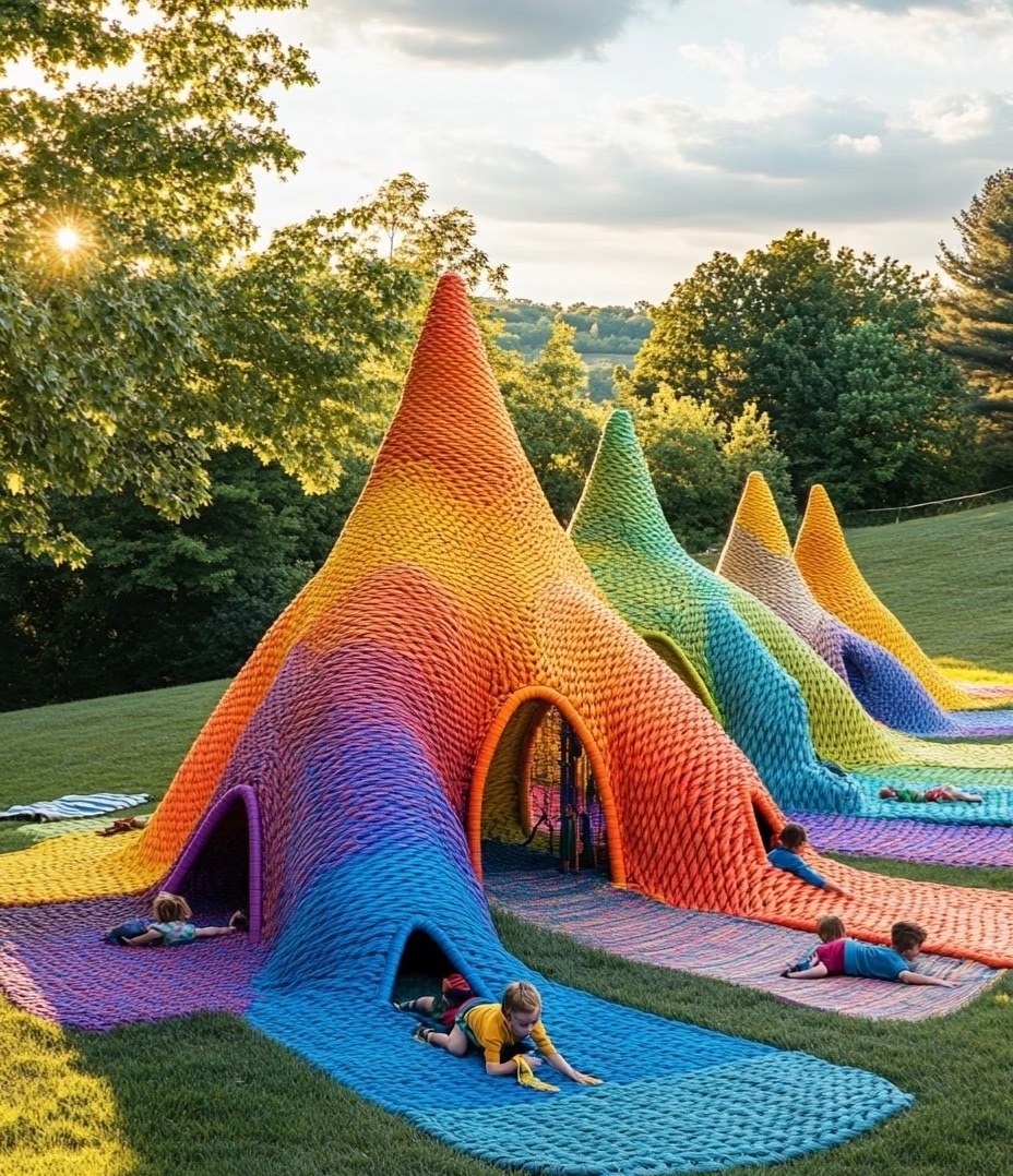 Rainbow crocheted hill playground with tunnels