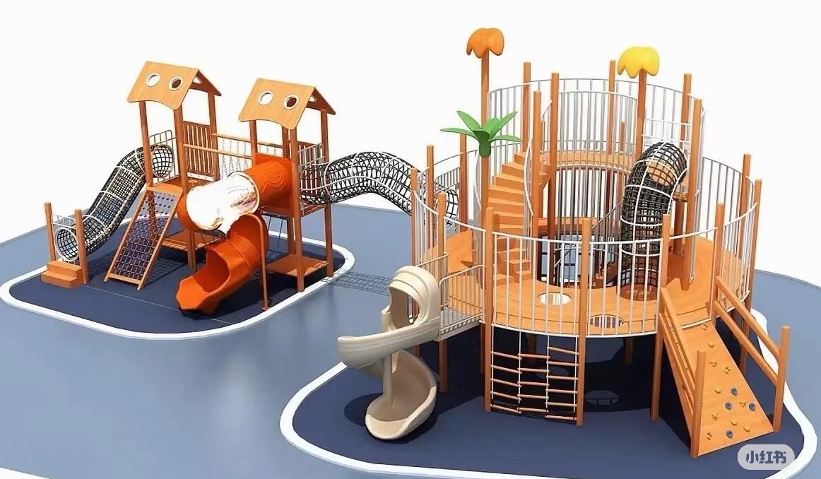 Timber play and fitness frames with nets, bridge and spiral slide