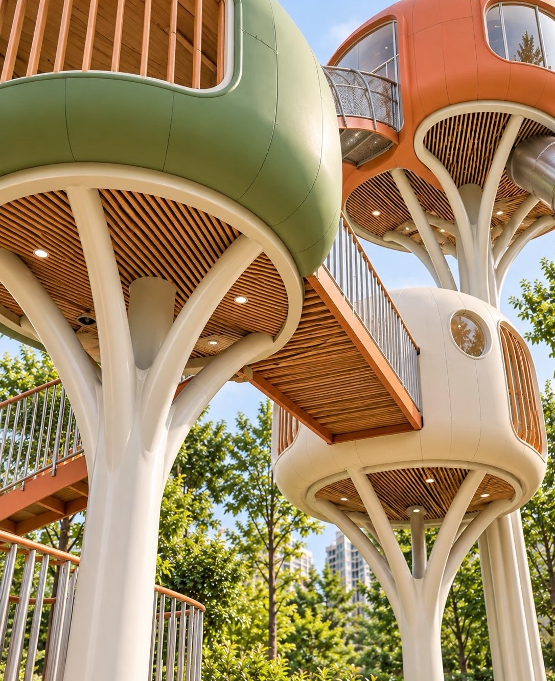 Tree-pod cabins on branching trunks linked by bridges