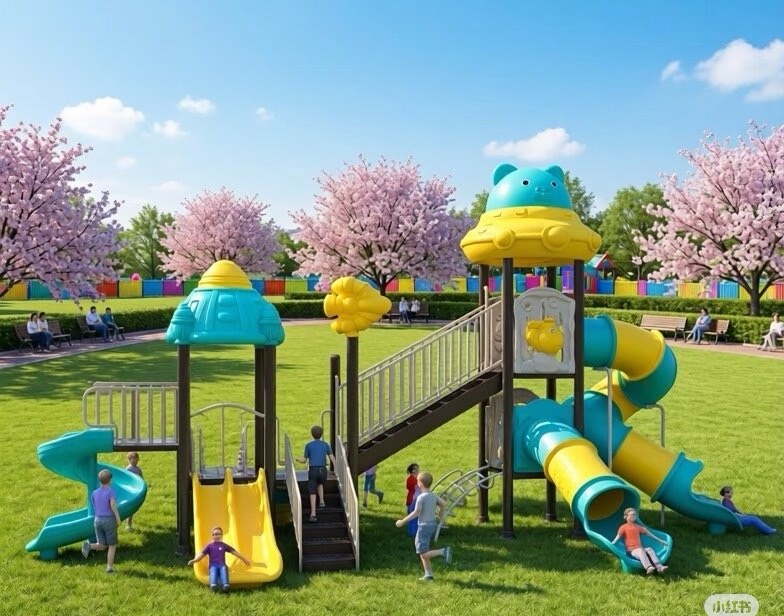 UFO-shaped play tower with tube slides on a lawn