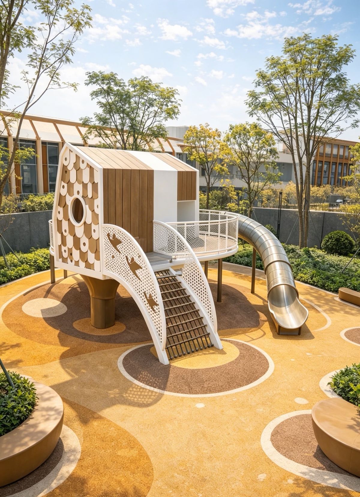 Fish-scale play houses with steel slides in a landscaped park