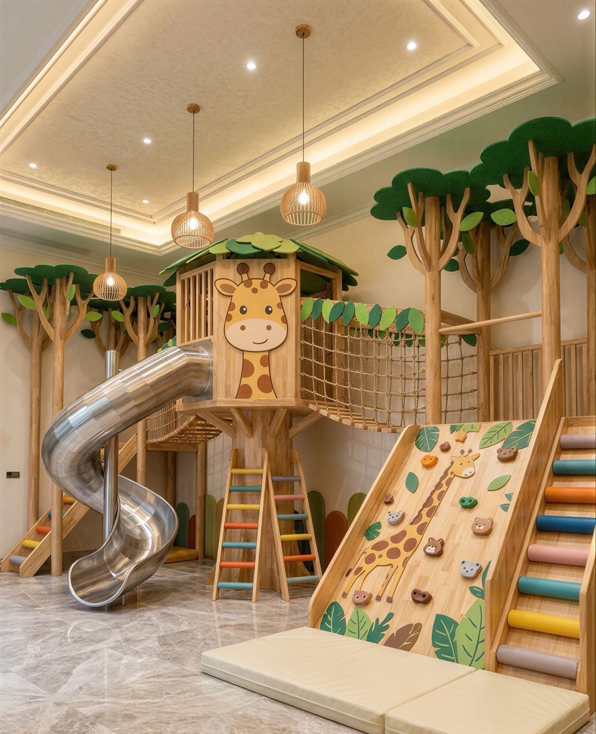 Indoor treehouse play loft with a giraffe panel and steel slide