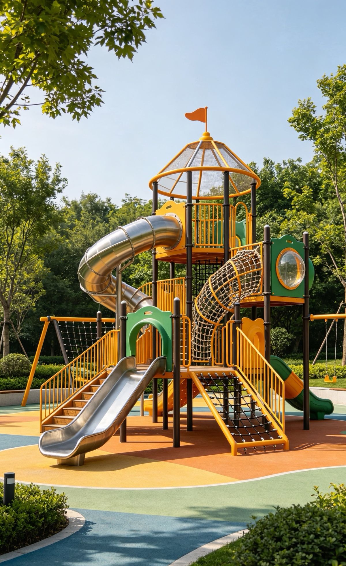 Steel tower combination structure with slides and net climbers