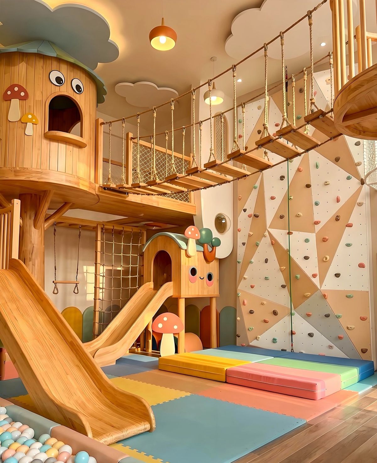 Indoor timber treehouse with rope bridge, slides and climbing wall