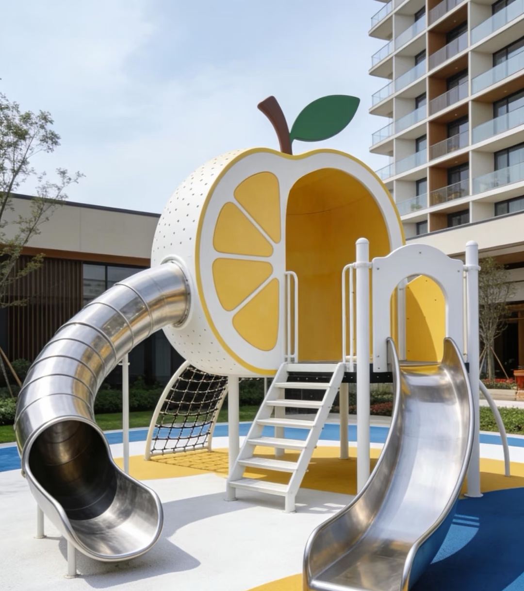 Lemon-themed outdoor playground with stainless steel tube and open slides