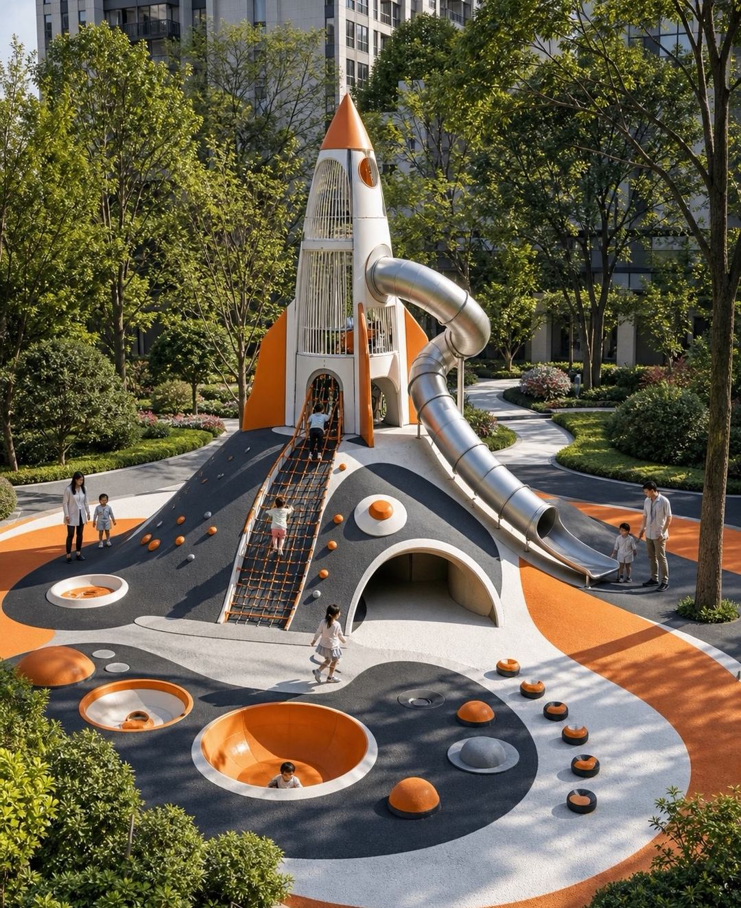 Rocket-shaped outdoor playground with stainless tube slide and climbing mound