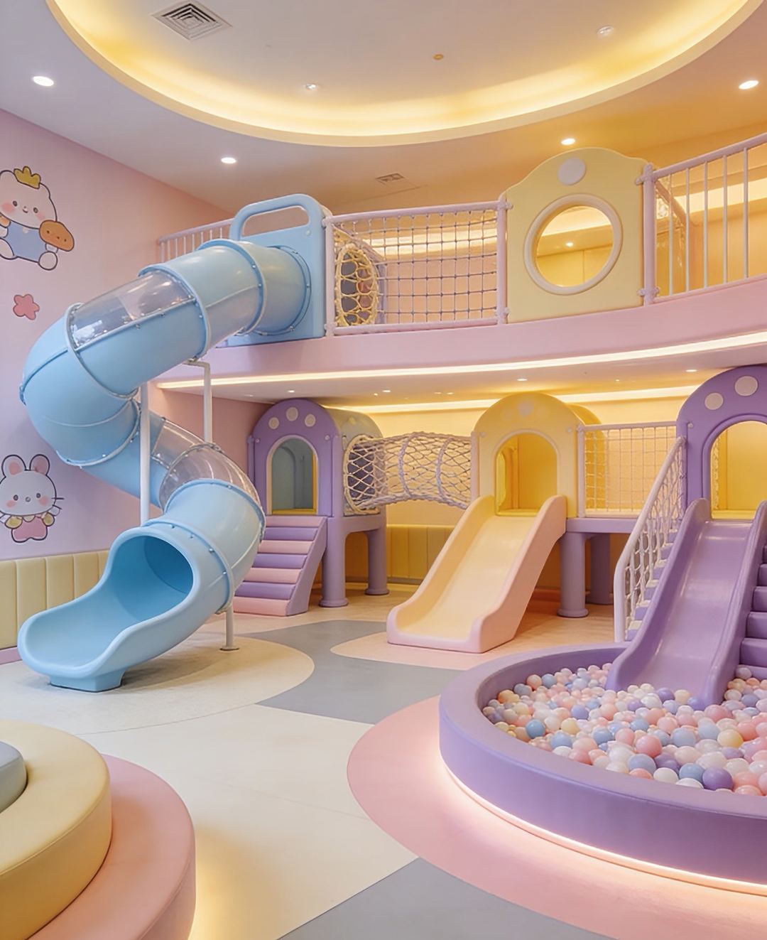 Pastel soft play room with a blue spiral tube slide and round ball pit