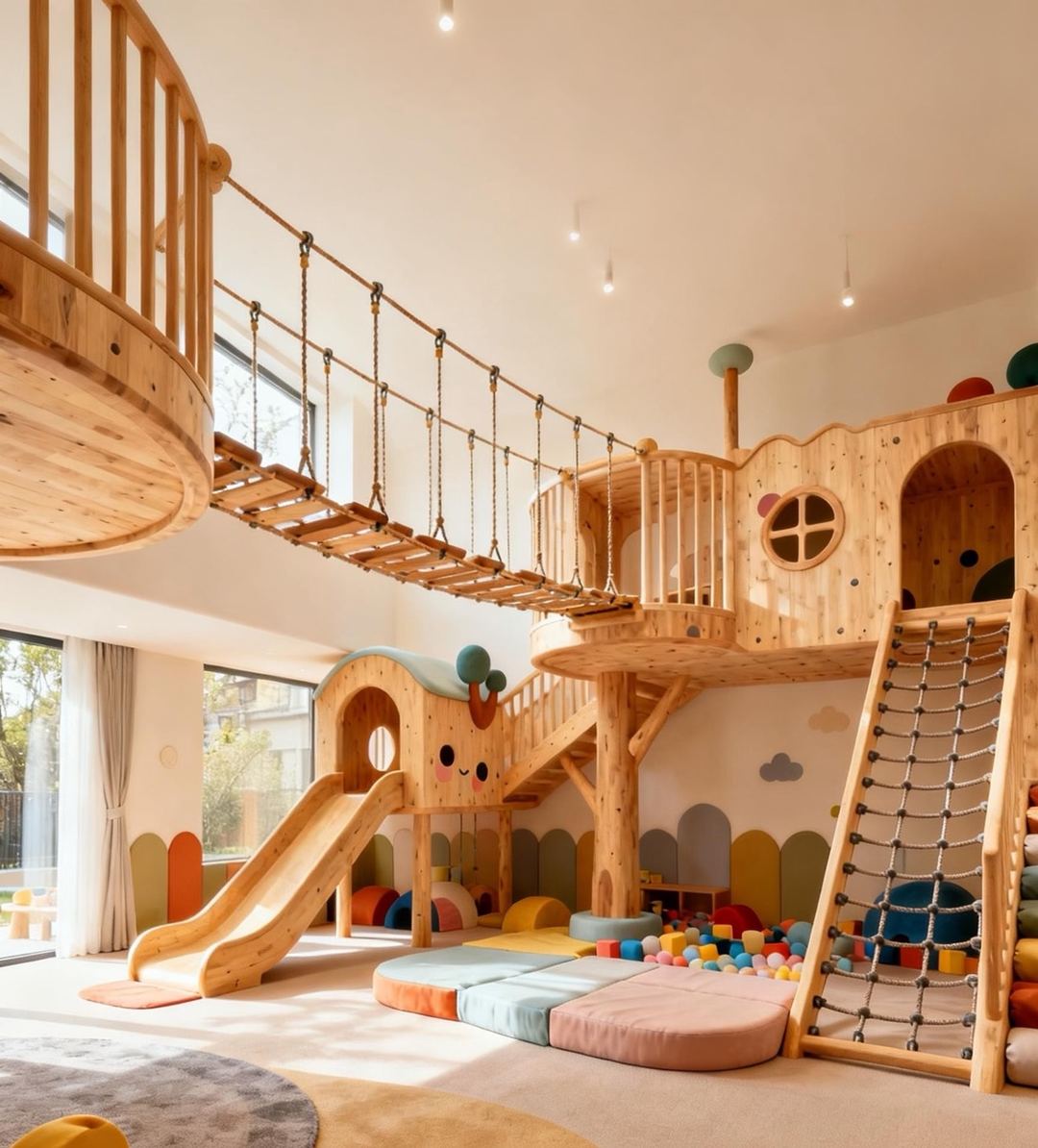 Timber indoor adventure playground with rope bridge, wooden slide and climbing net