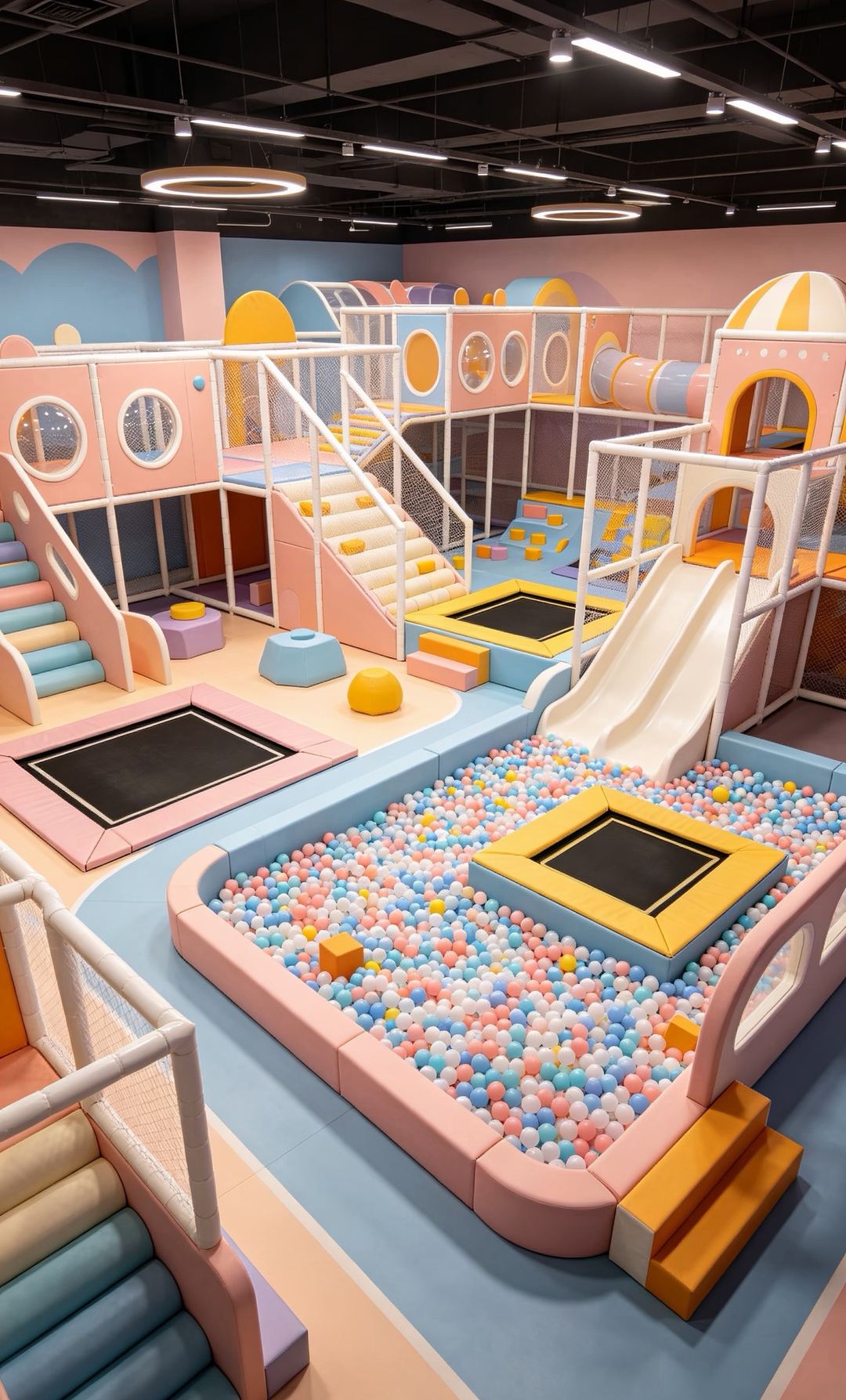 Pastel soft play hall with trampolines set into the floor and ball pit