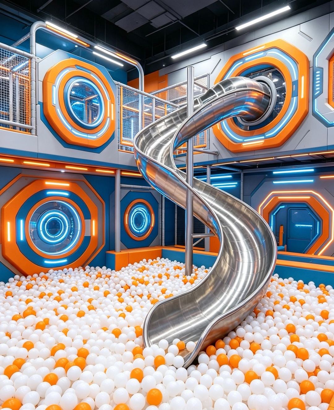 Space-station themed hall with a stainless spiral slide landing in a ball pit