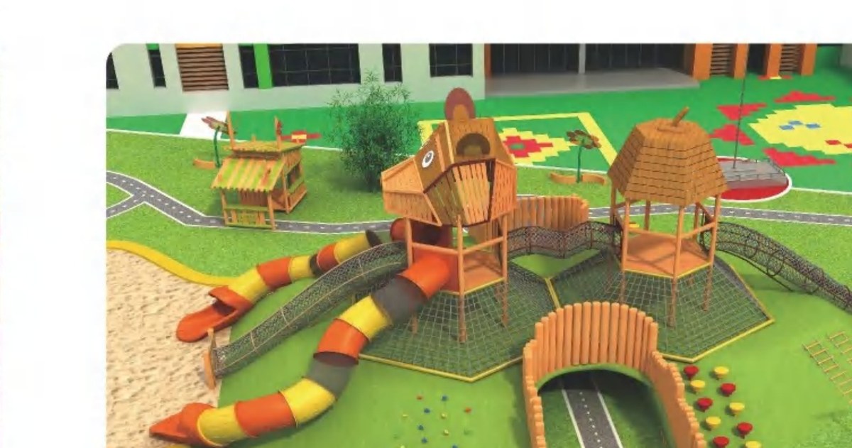 Terrain slide and tunnel built into a grass mound