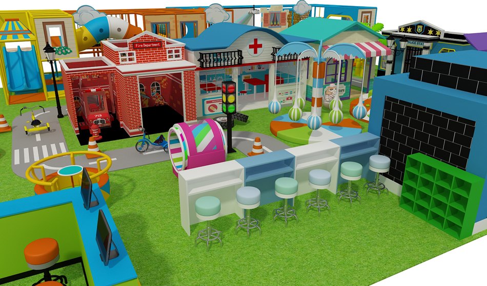 Large multi-level indoor playground system in a family entertainment centre