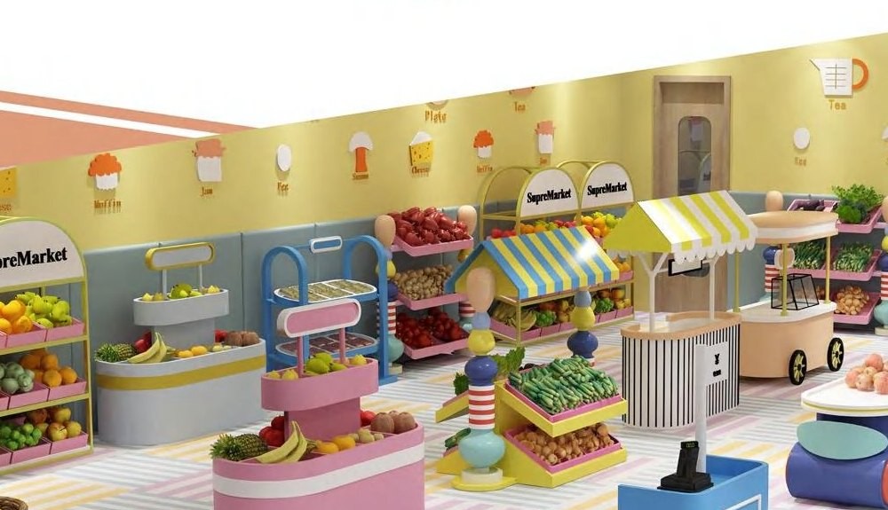 Series A supermarket set — colourway example with market stalls and checkout
