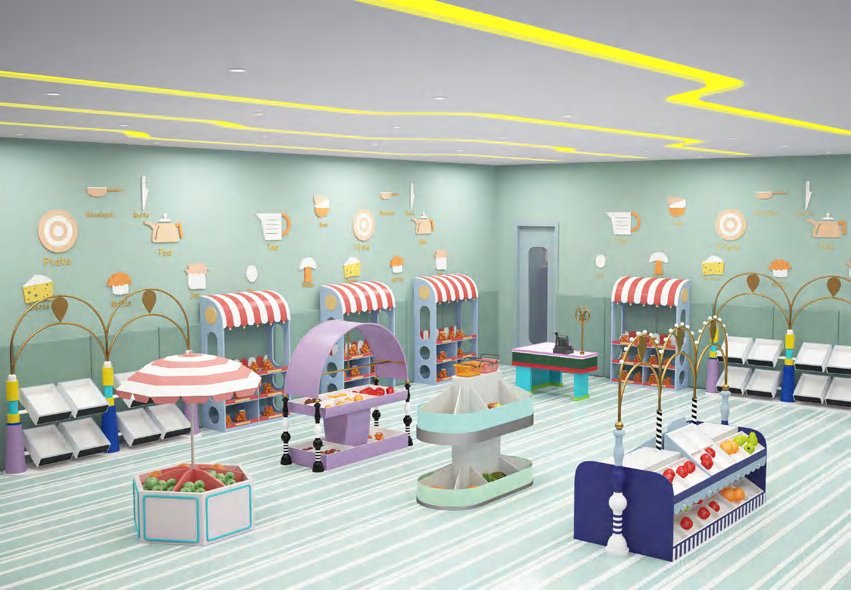 Series C supermarket set — colourway example with stalls, checkout and produce displays