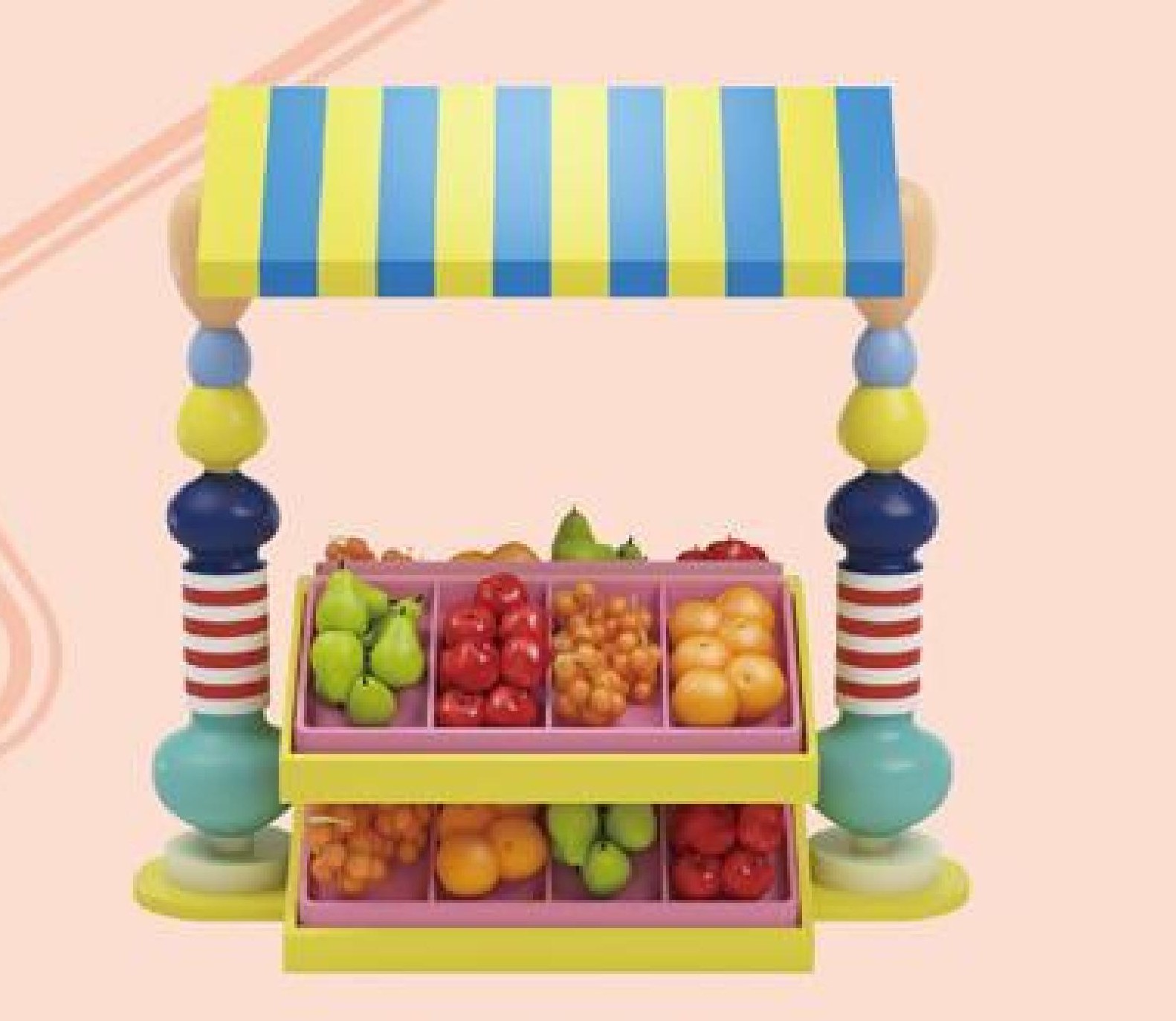 Series D market stall — front view with striped canopy and produce bins