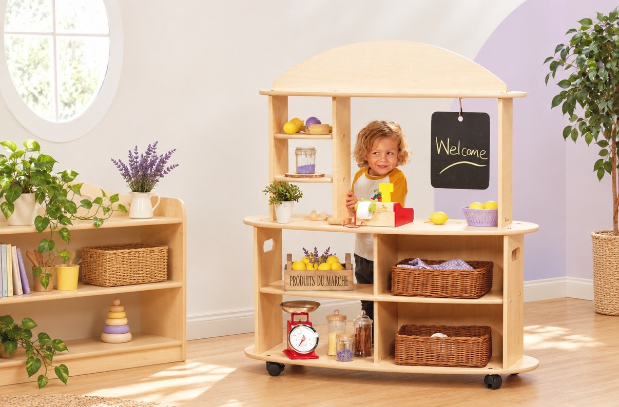 Timber market stall play counter with shelves and baskets