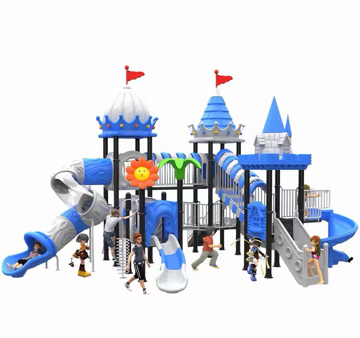 Blue castle front combination playground with towers and slides