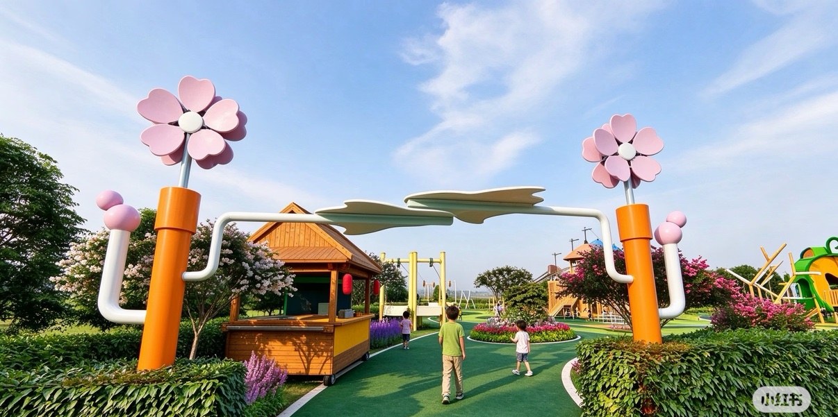 Playground with flower-shaped shade canopies