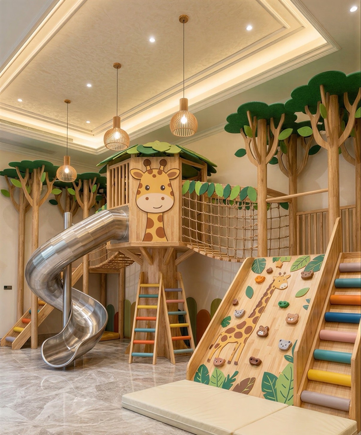 Indoor timber treehouse with giraffe figure and climbing wall