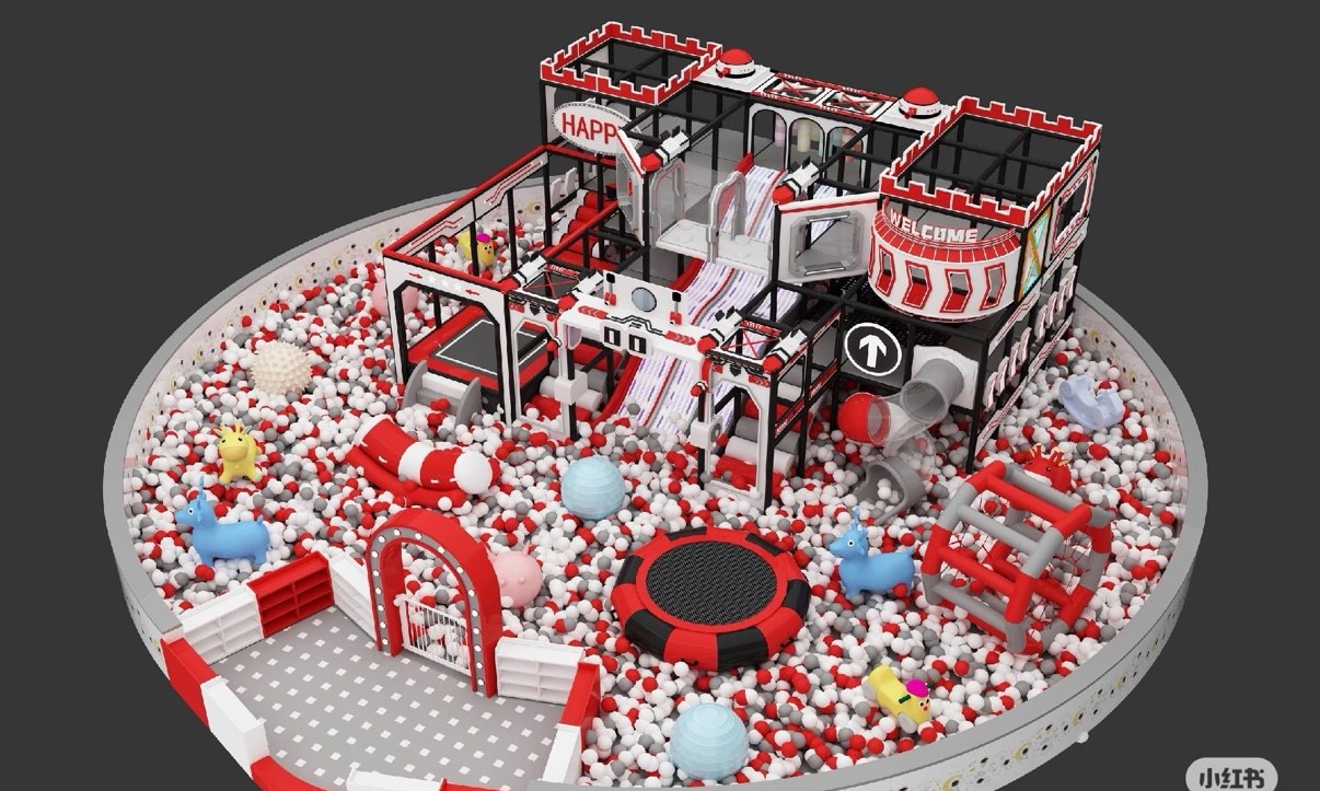 Open ball pit arena with climbing frame