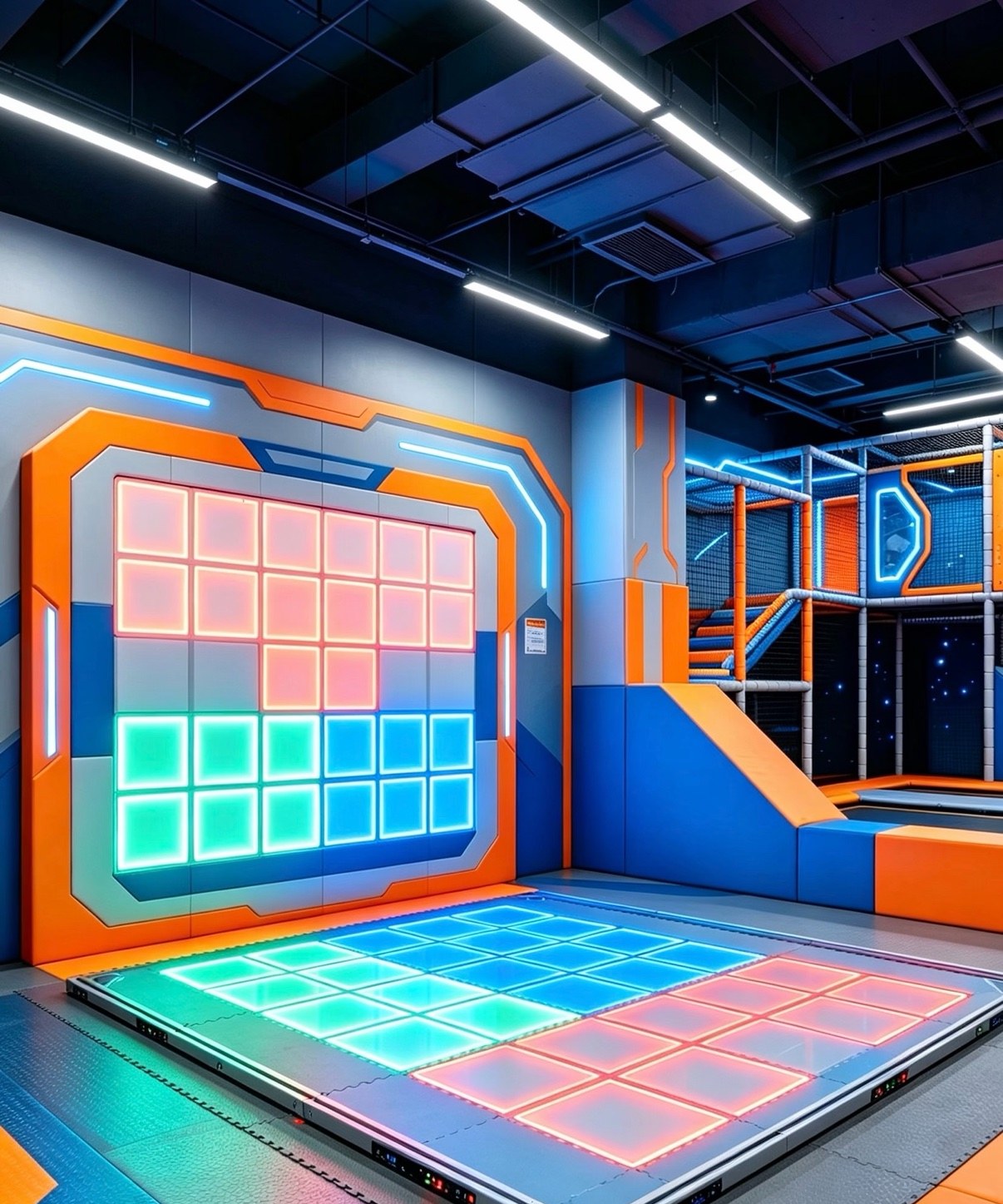 Interactive LED floor and light wall in a play room