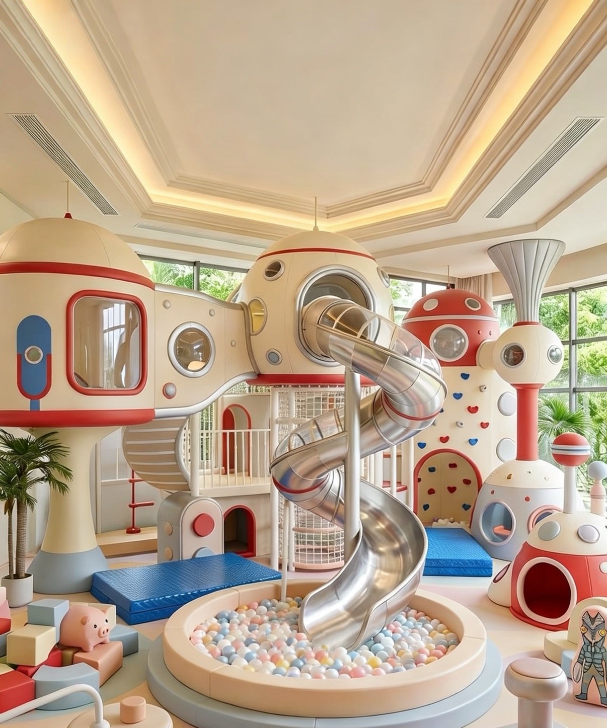 Space-themed play room with stainless steel spiral slide