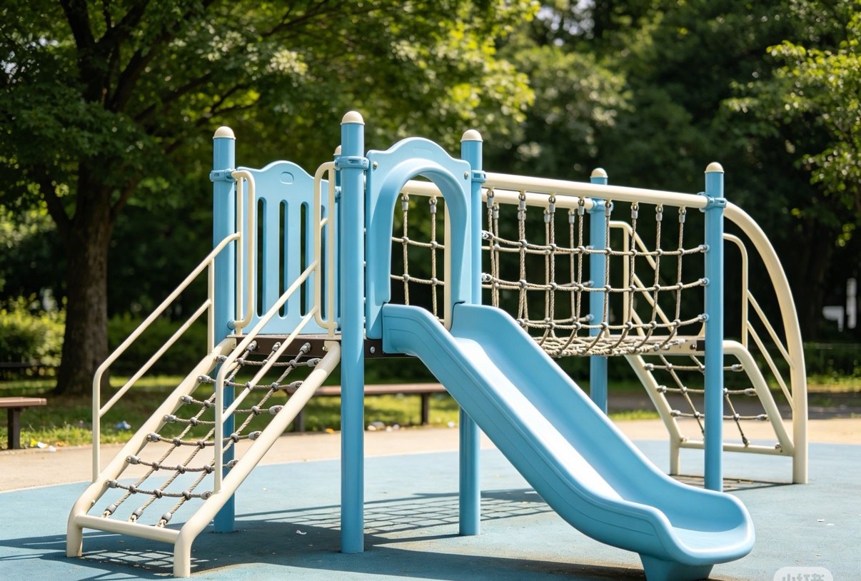 Light blue outdoor playground structure with slide and climbing nets