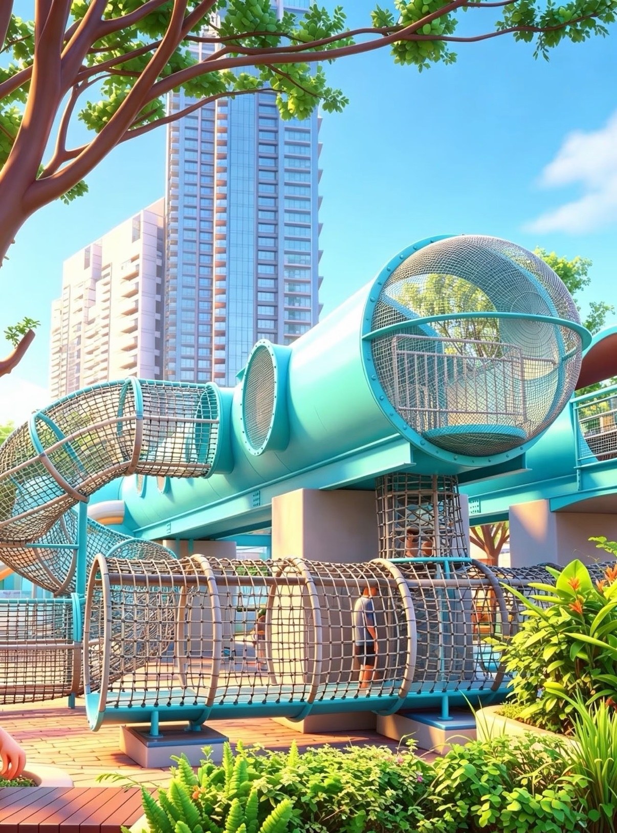 Bright blue capsule tower playground with tube slide