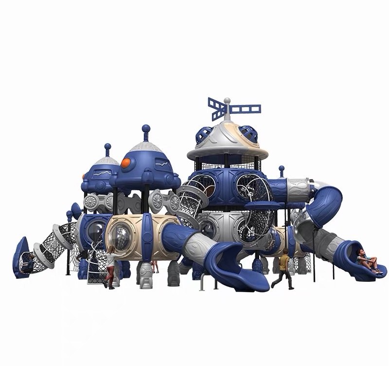 Blue and white space station combination playground unit