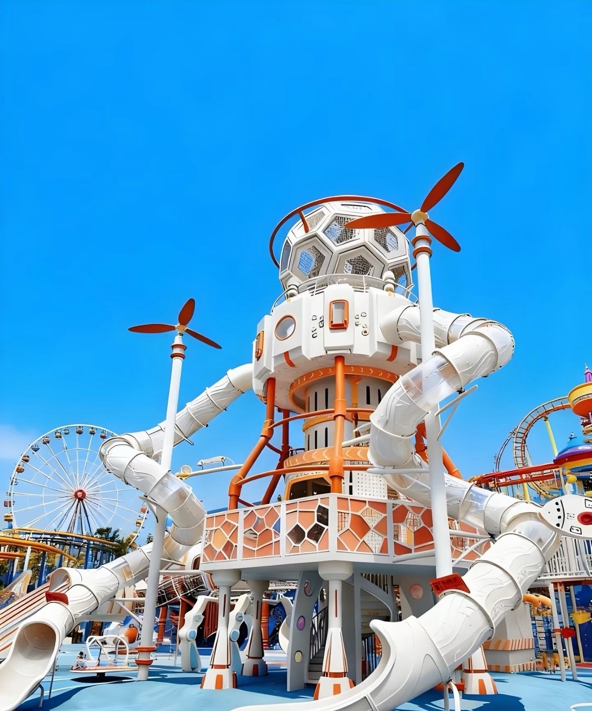 Outdoor tower playground with spiral tube slides and windmills