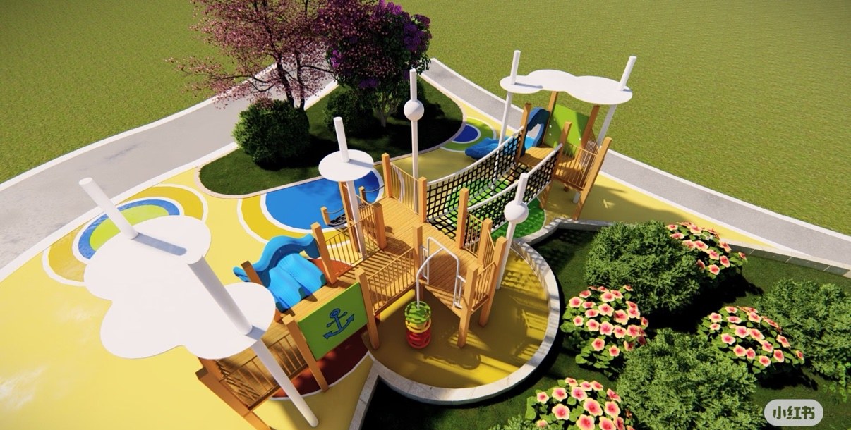 Aerial view of a timber-look park playground layout