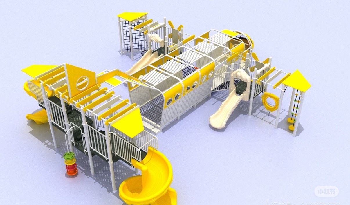 Yellow and white open frame climbing playground structure