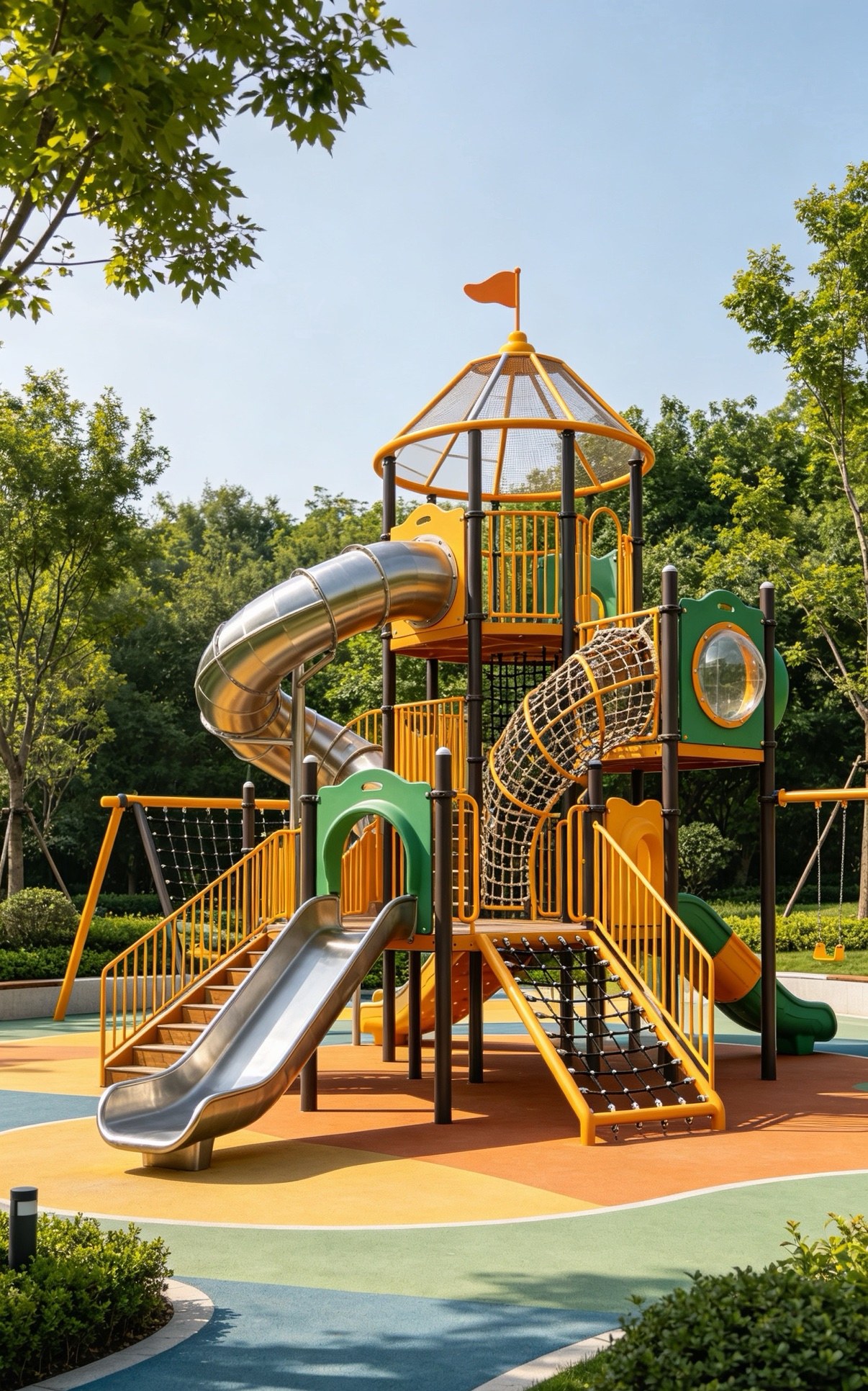 Park play tower with stainless steel slide
