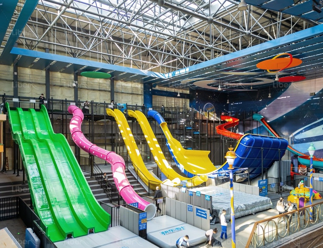 Trampoline hall with giant slides and air bag landings