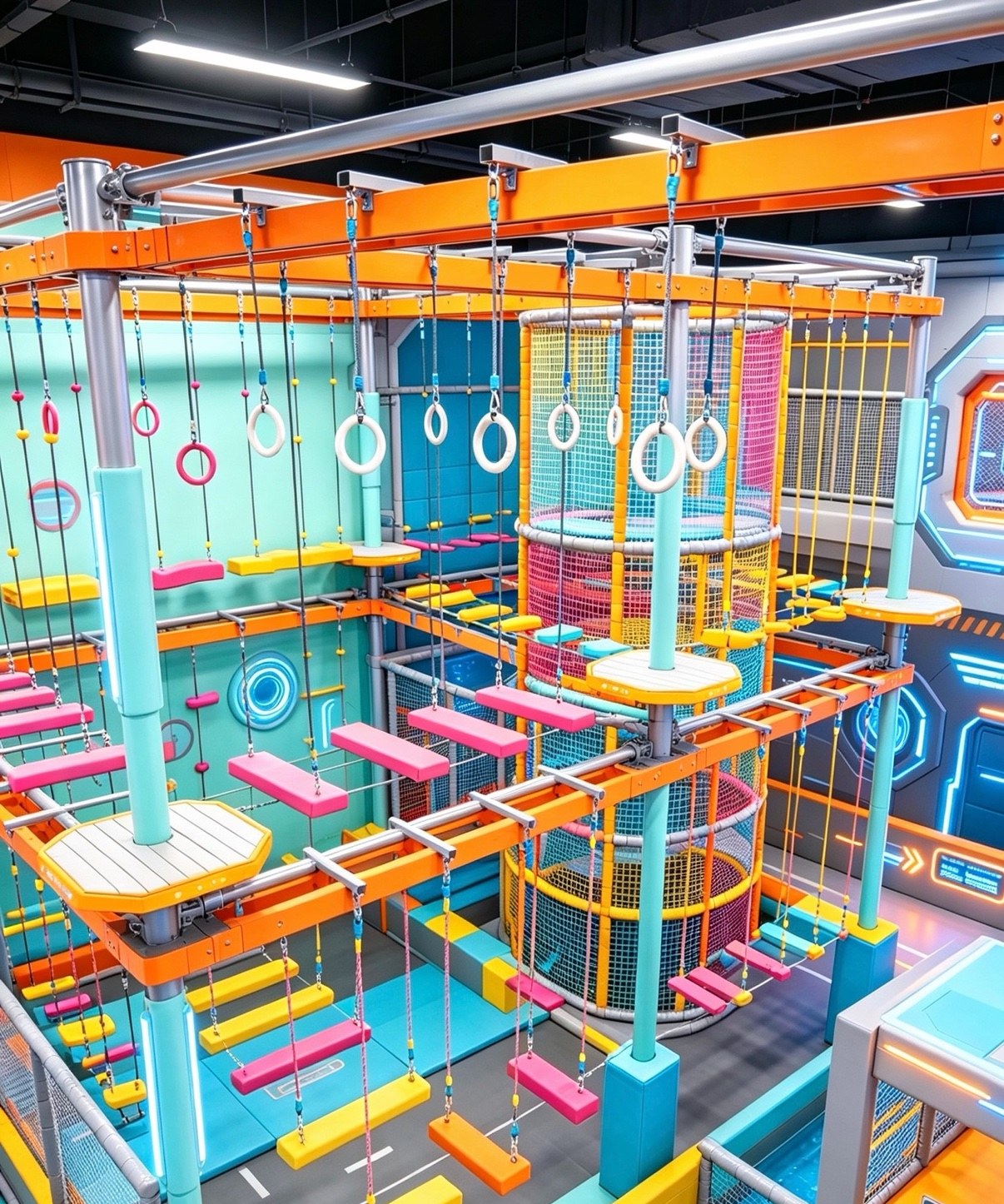 Indoor ninja warrior obstacle course with rings and ropes