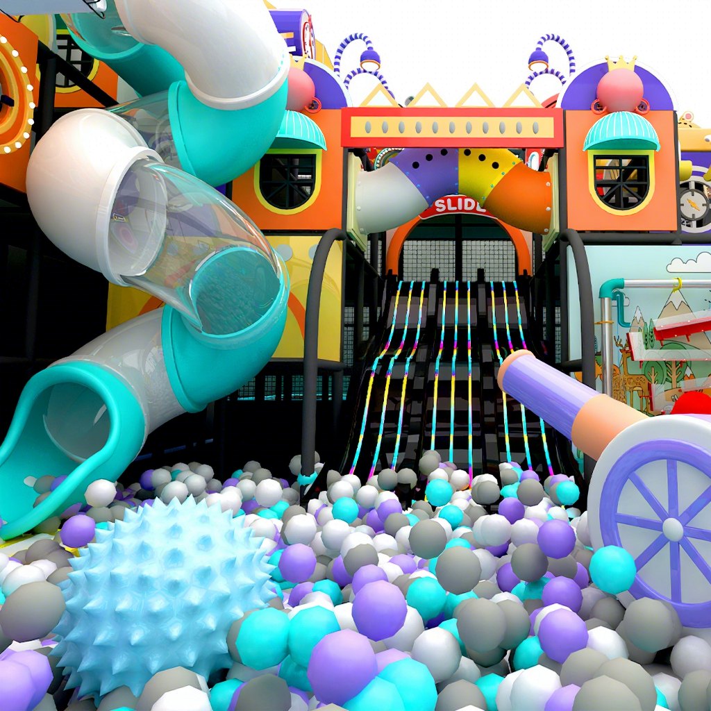 Spiral slide curving down into a ball pit
